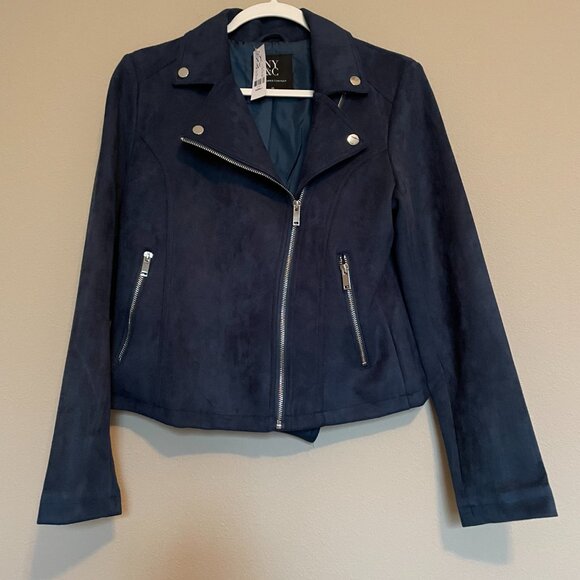 New York and Company, OVERSIZED Size XS (Fits Larger) Blue Faux-Suede Moto - Picture 12 of 13